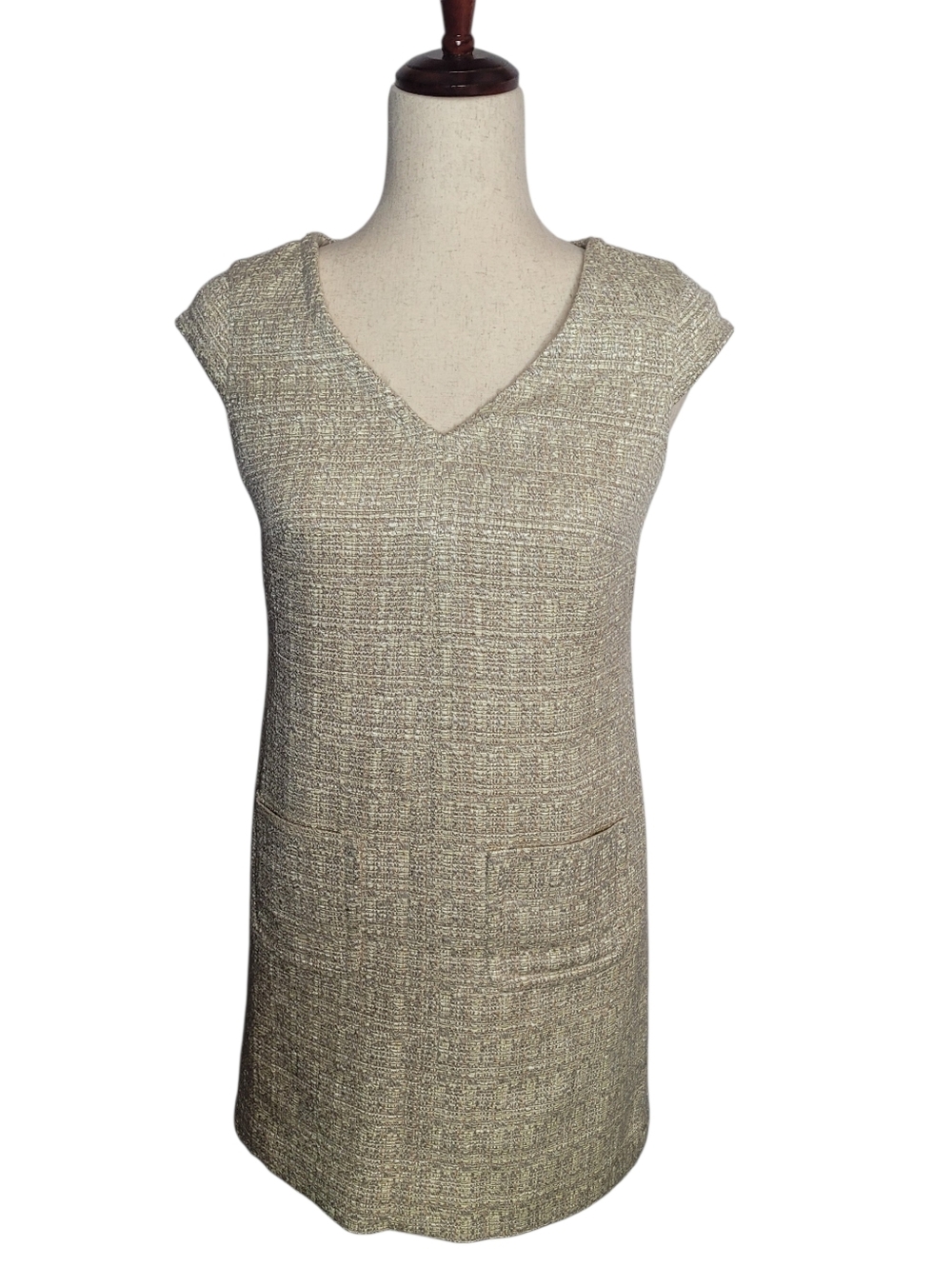 Talbots Petites 2P Beige Tweed Sheath Dress cap sleeves V-Neck Lined Spring